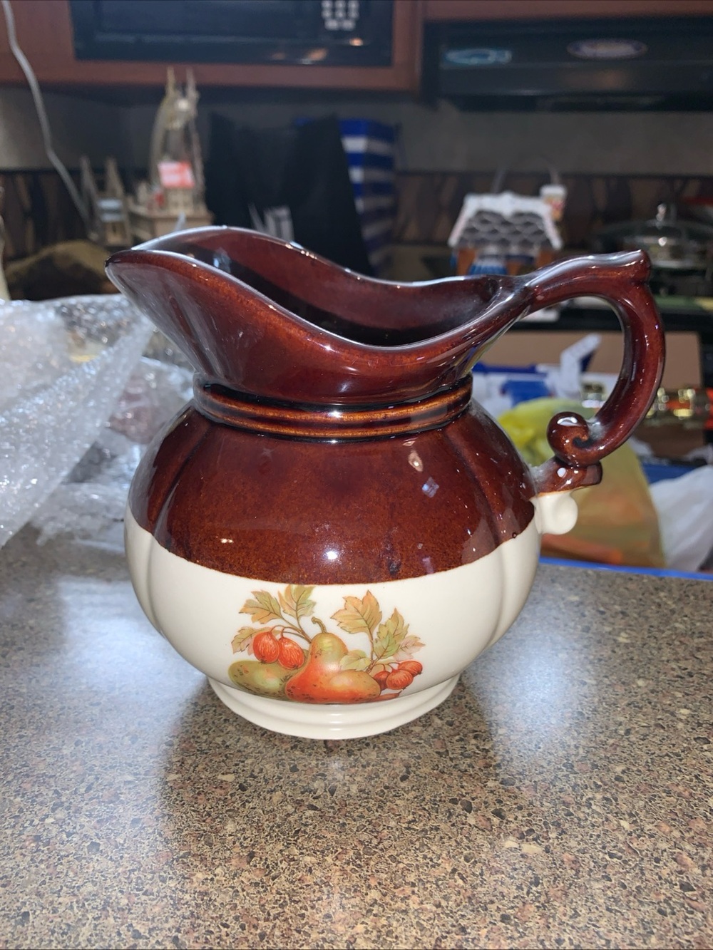 Vintage McCoy Pottery Brown and Cream Harvest Fruit Ceramic Pitcher Marked